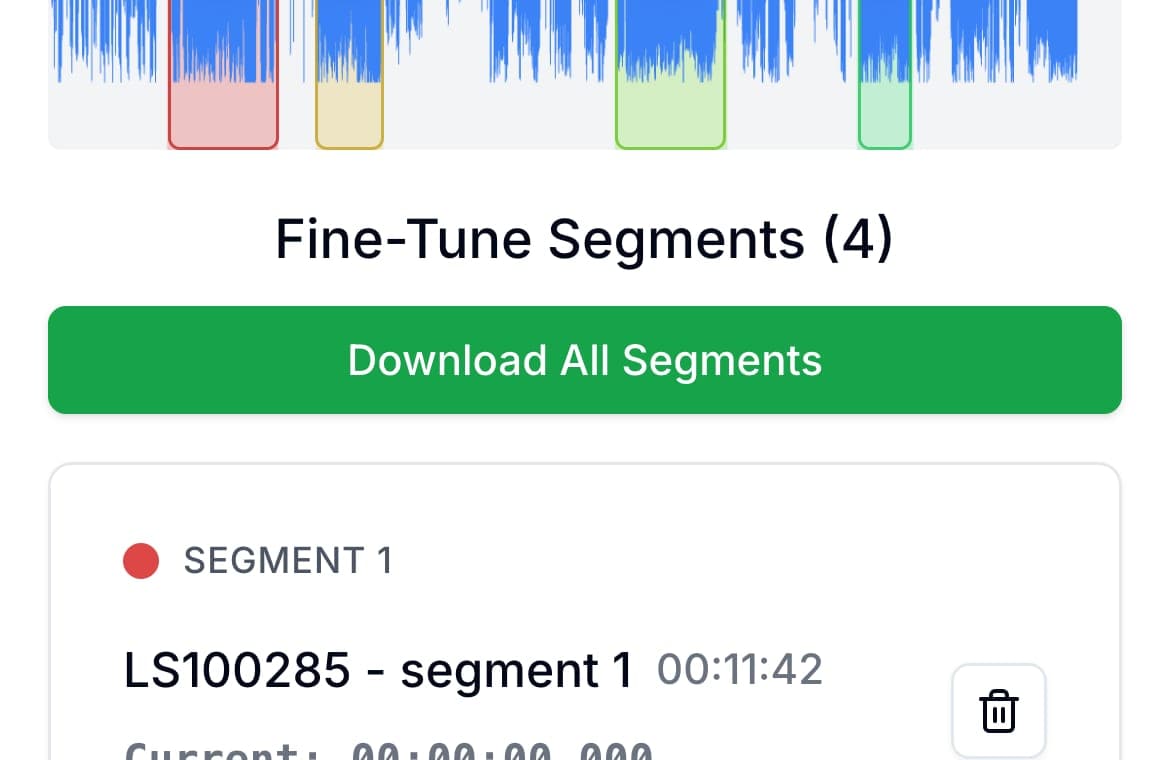 Mobile segment cards in AudioMultiCut showing multiple clips prepared for sharing.