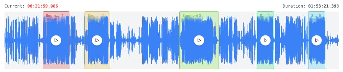Wide AudioMultiCut waveform strip showing several color-coded clips from one long recording.
