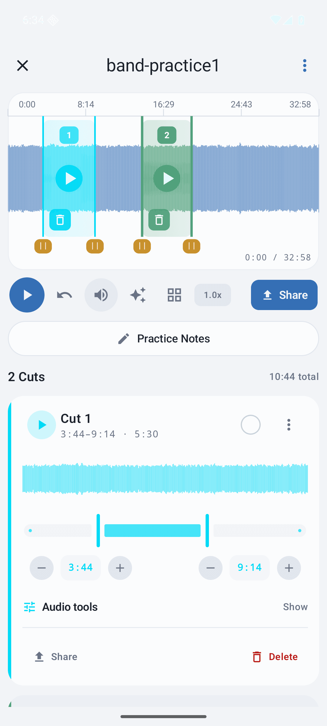 AudioMultiCut Android editor with two clips selected from a band-practice recording