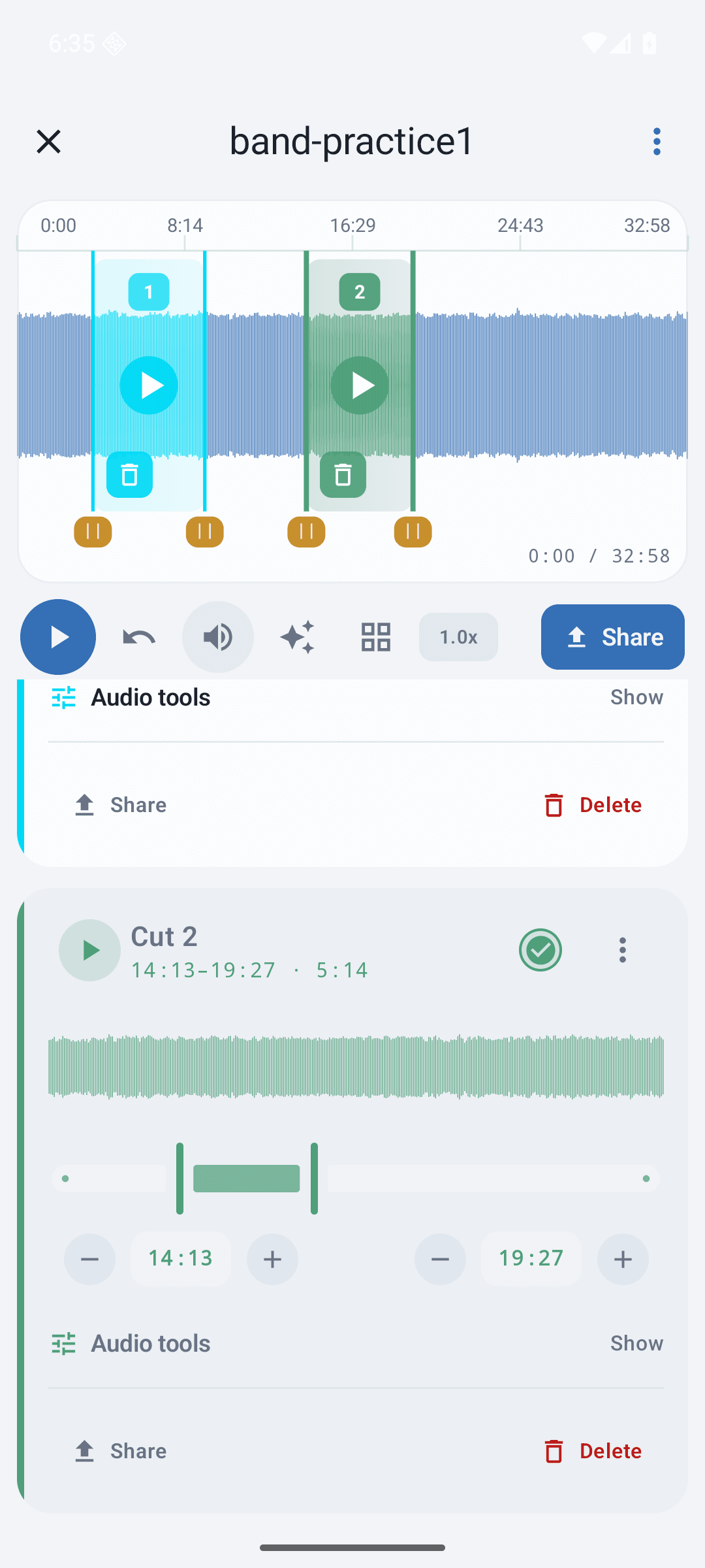 AudioMultiCut Android editor showing a clip waveform and start and end adjustments