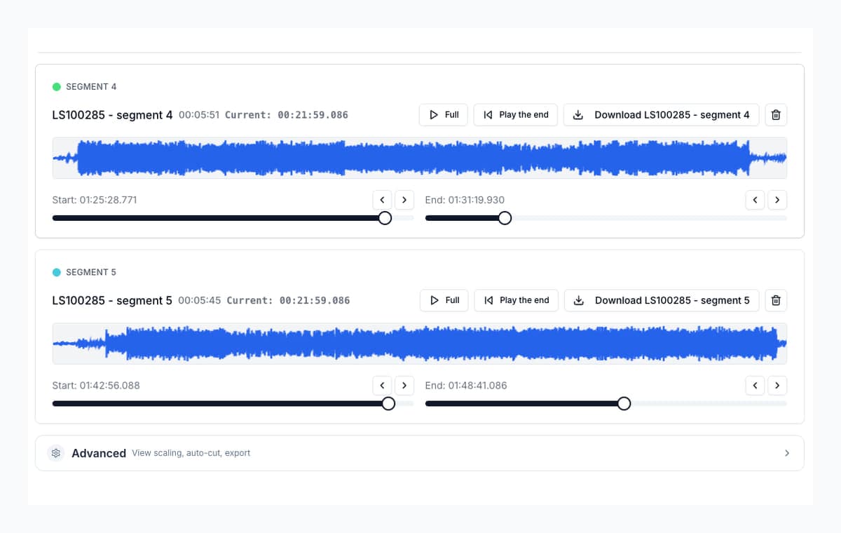 Boundary controls in AudioMultiCut used to fine-tune the start and end of a spoken voice clip.