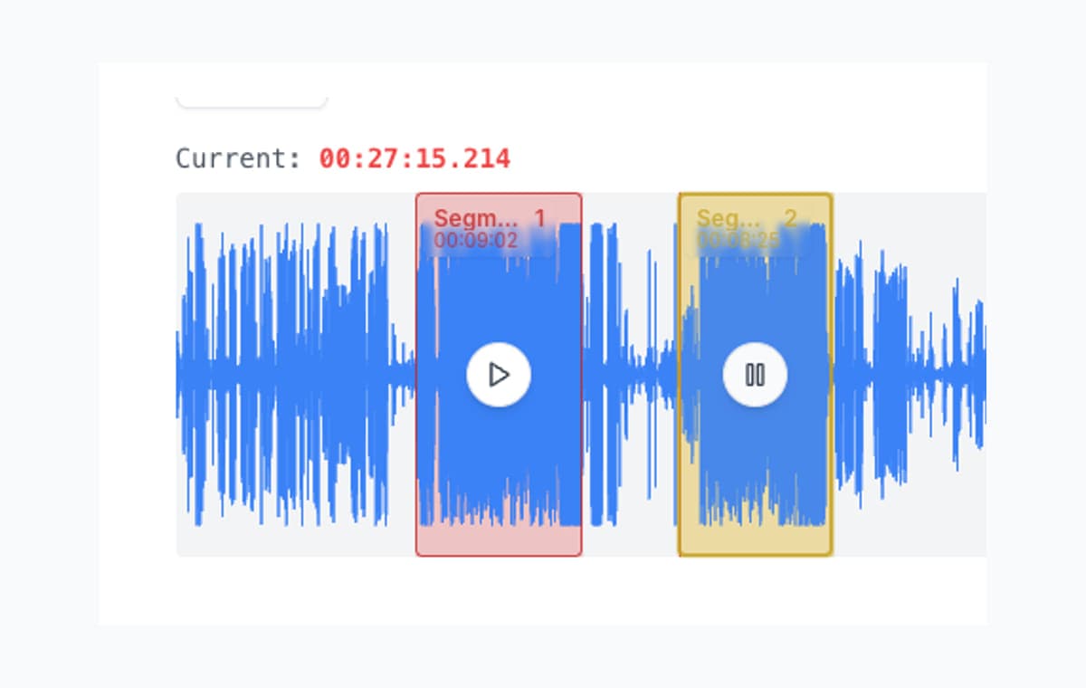 Close-up of two highlighted segments in AudioMultiCut, one playing and one paused, for fast comparison work.