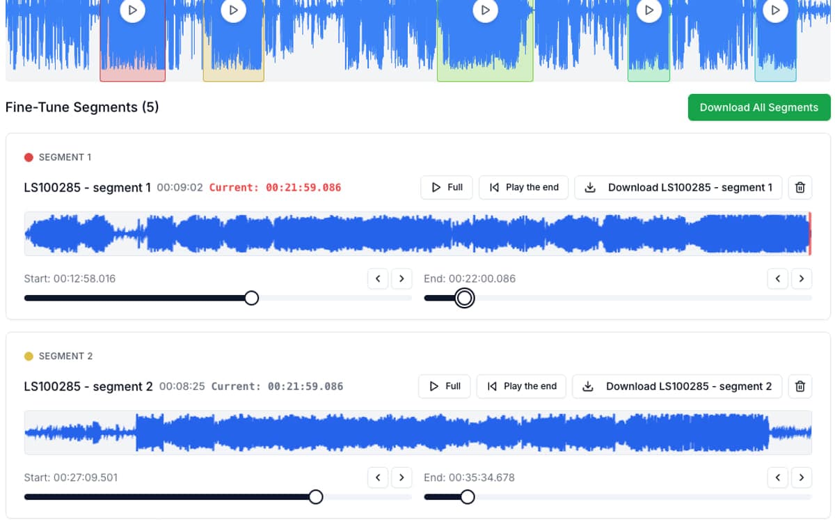 AudioMultiCut segment cards ready to export several generated voice clips.