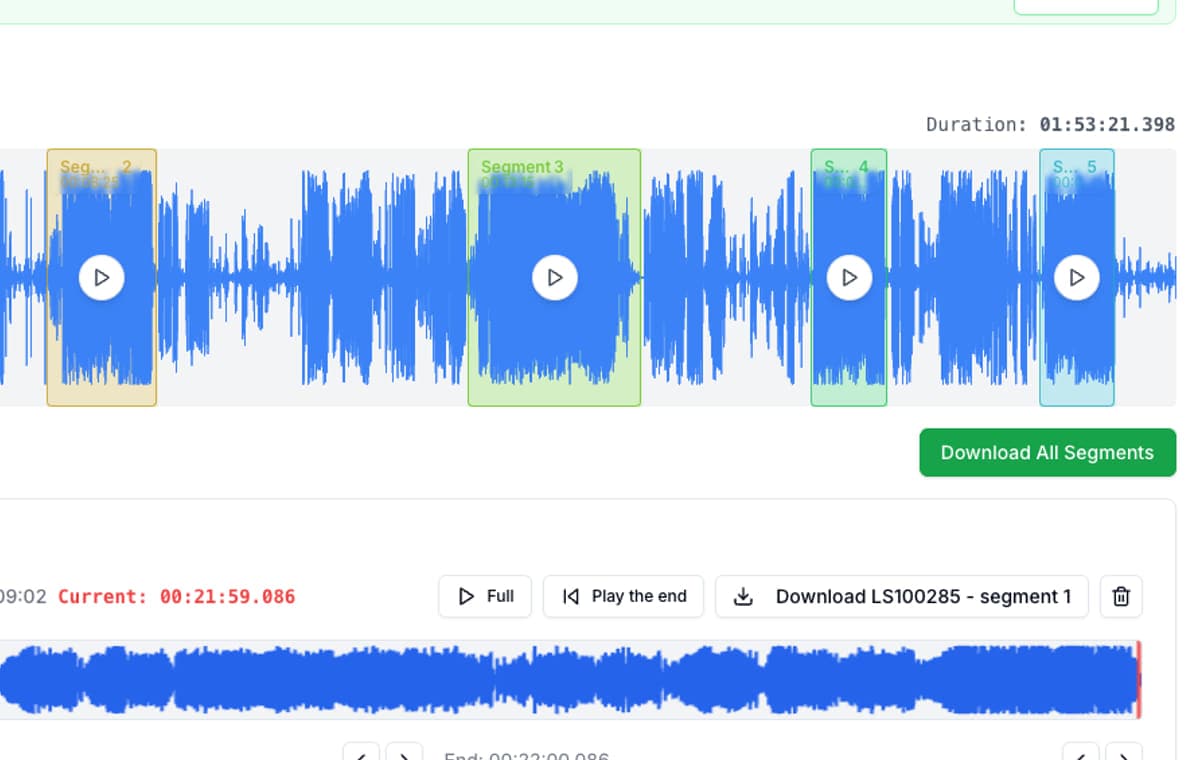 Waveform overview in AudioMultiCut showing several detected segments and a batch download action.