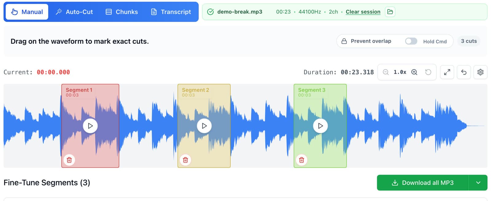 Three chops dragged on a drum loop's waveform in AudioMultiCut, each ready to export as its own file.
