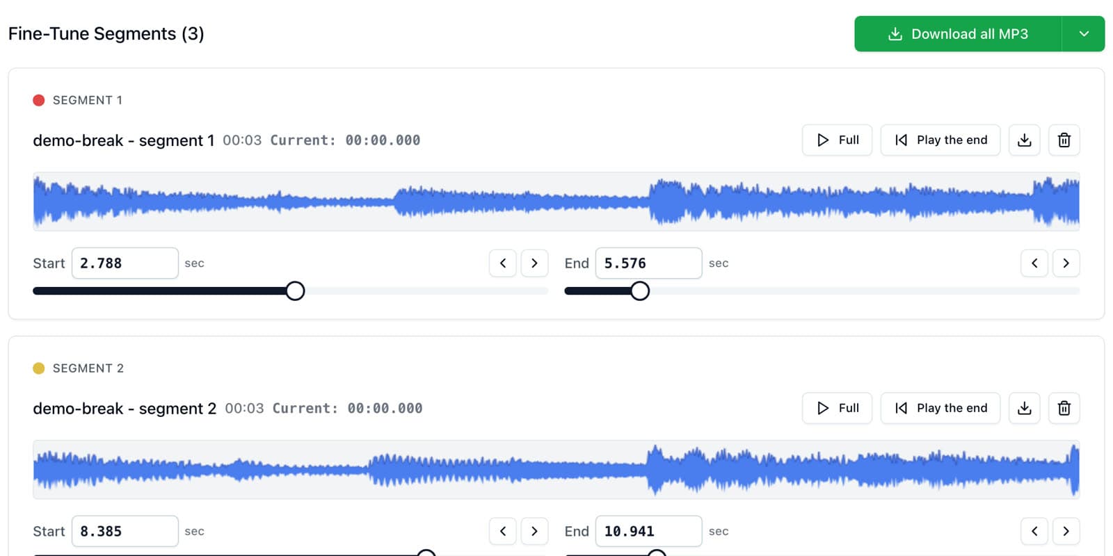 Chop cards in AudioMultiCut with start and end controls for fine-tuning each chop before download.