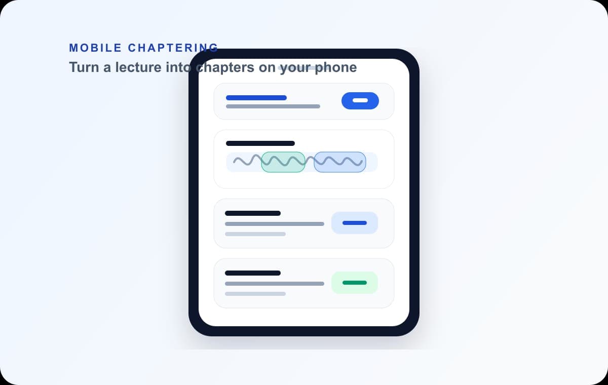 Lecture recording split into topic-based chapters on a phone.