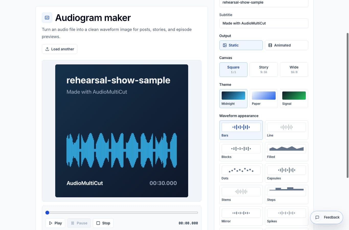 Audiogram Maker tool showing a waveform visual for a podcast clip.