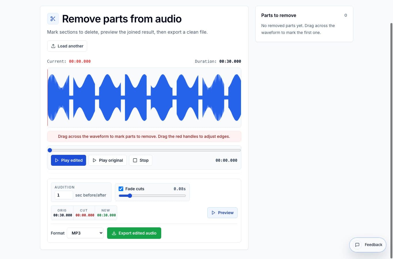 Remove Parts from Audio interface showing deletion ranges and export controls.