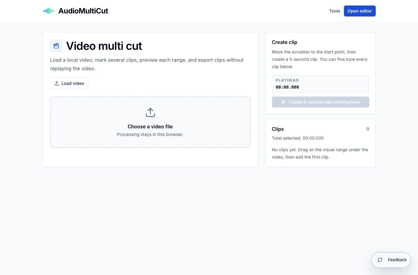 Video Multi Cut interface showing selected moments from a long video.