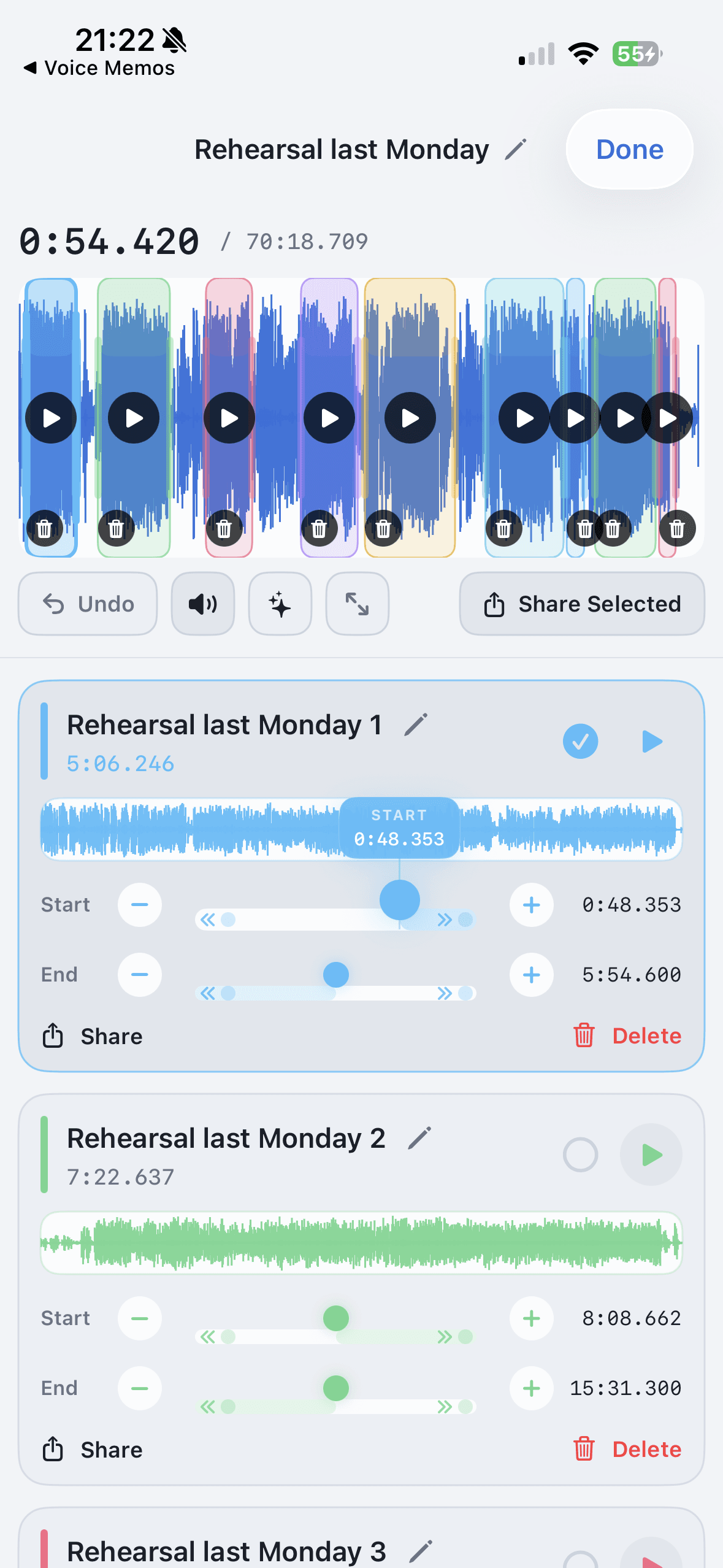 AudioMultiCut iPhone editor with selected clips on a waveform.