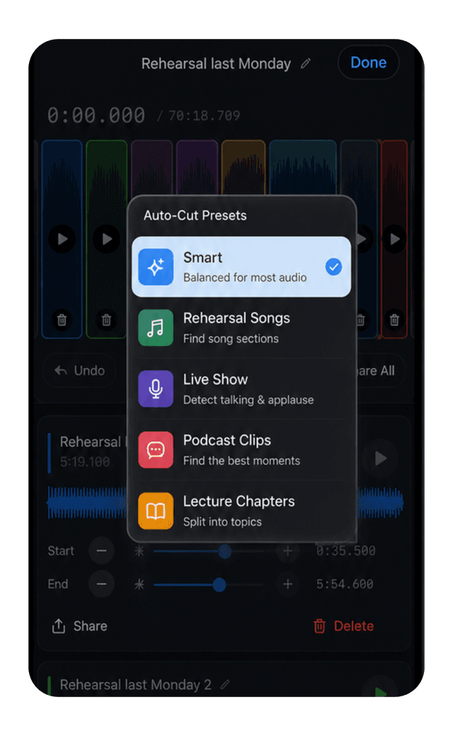 AudioMultiCut auto-cut preset menu screen