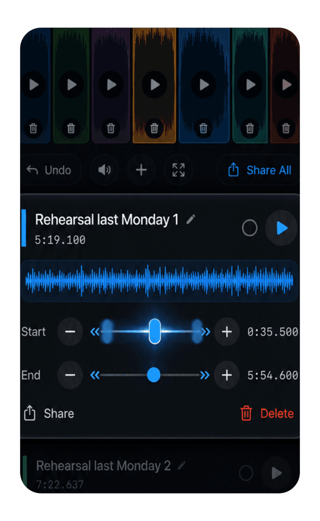 AudioMultiCut waveform fine-tune editor on iPhone
