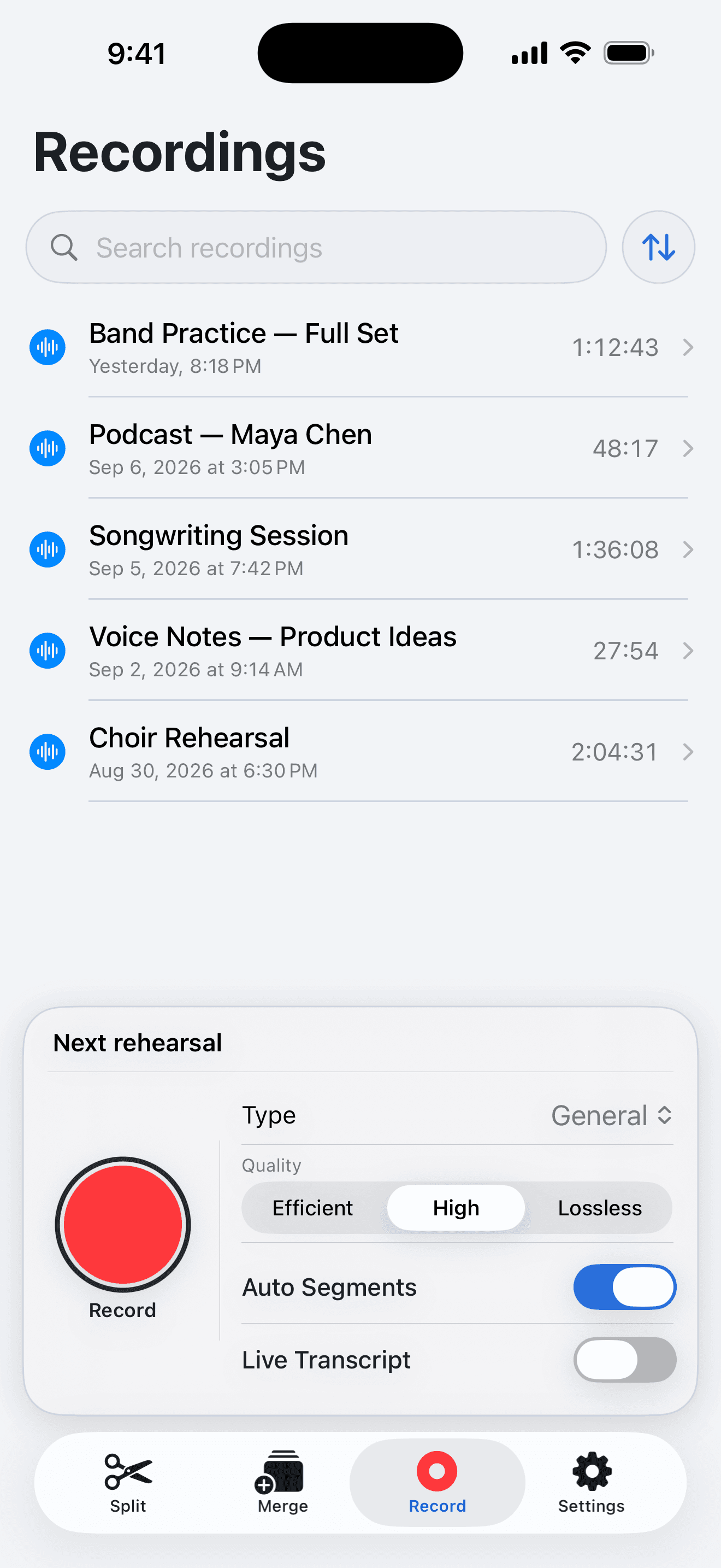 AudioMultiCut Record tab on iPhone showing the red Record button and Auto Segments switched on.