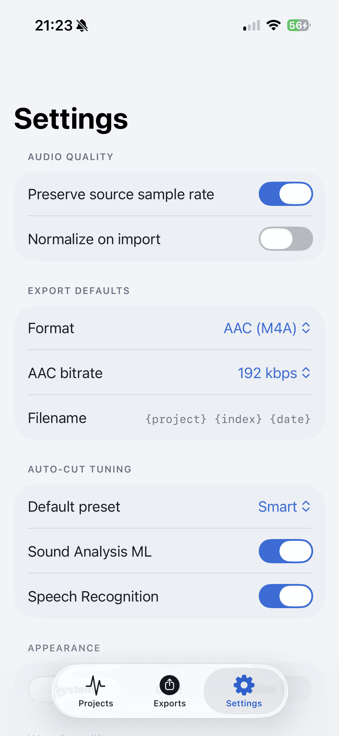 AudioMultiCut iPhone settings screen for export format and defaults.